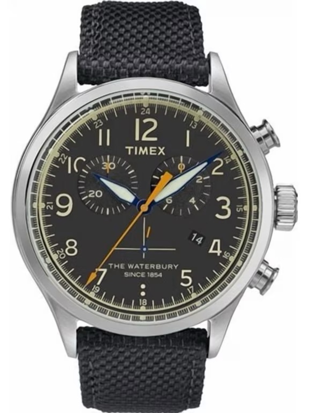 New Timex Waterbury Chronograph 42mm Black Dial Fabric Strap Quartz Watch